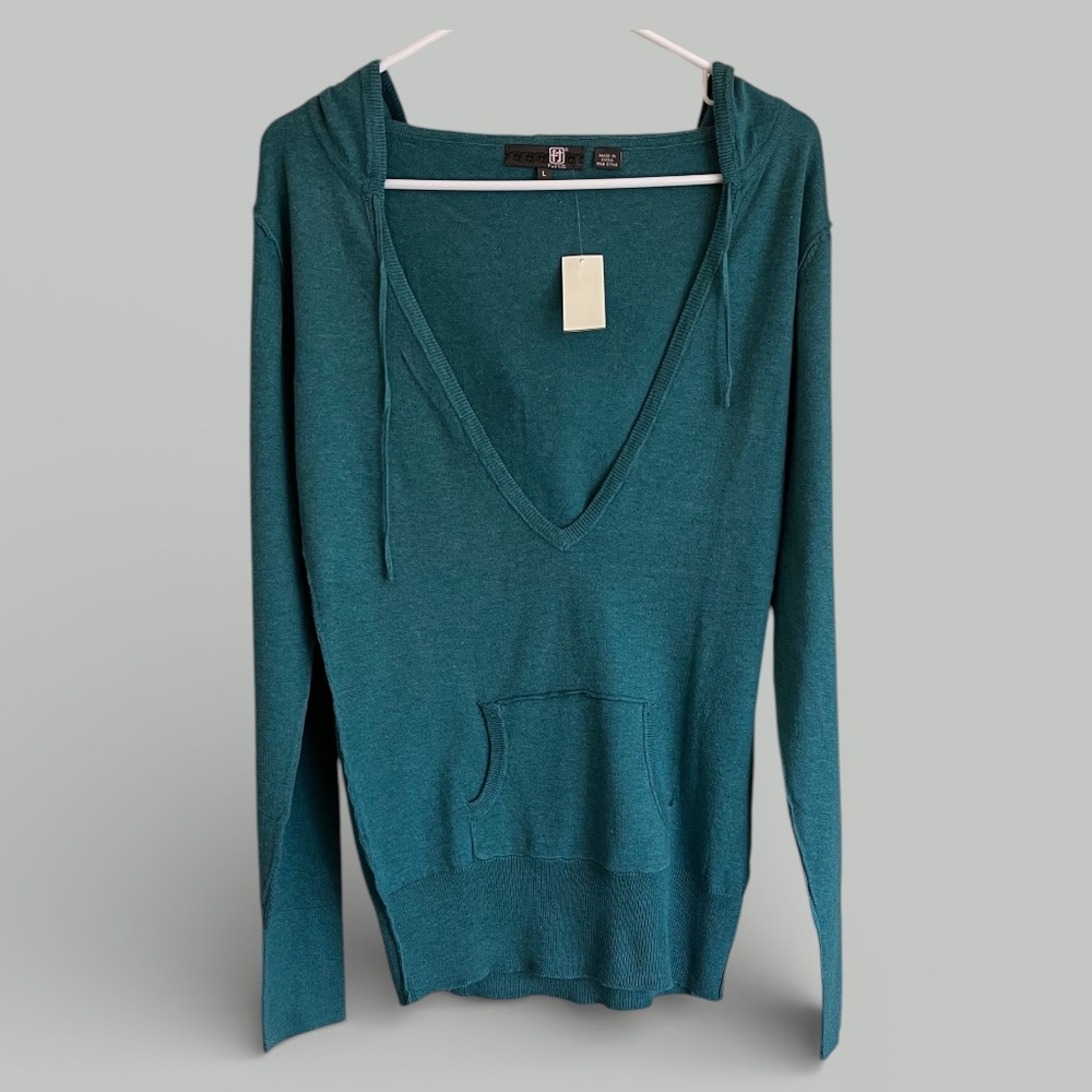 Full Tilt Teal Blue Hooded Lightweight Cotton Teal V-Neck Sweater Size L NWT